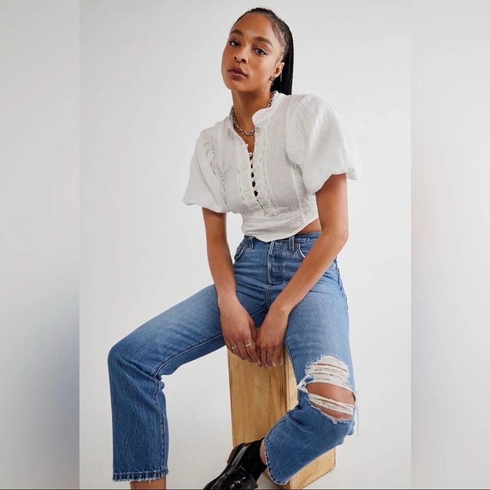 Free People X Kinga Csilla Crop Linen Button Up Blouse Eyelet Puff Sleeve Large